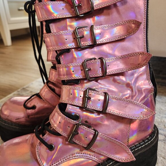 Demonia pink iridescent holographic platform combat boots size 10 - Picture 12 of 12